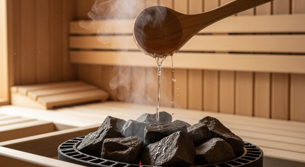 サウナのロウリュで石に水をかける様子